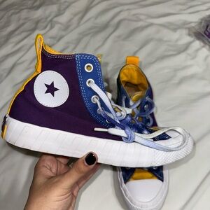 Converse Purple and Yellow Kids High-Tops Sneakers Kids 7 Women's 8.5